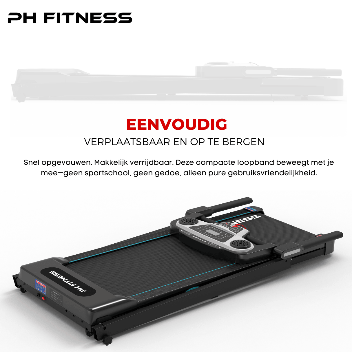 PH Fitness TR-800 Treadmill with portable foldable design, featuring transport wheels for easy movement and storage, ideal for home workouts.