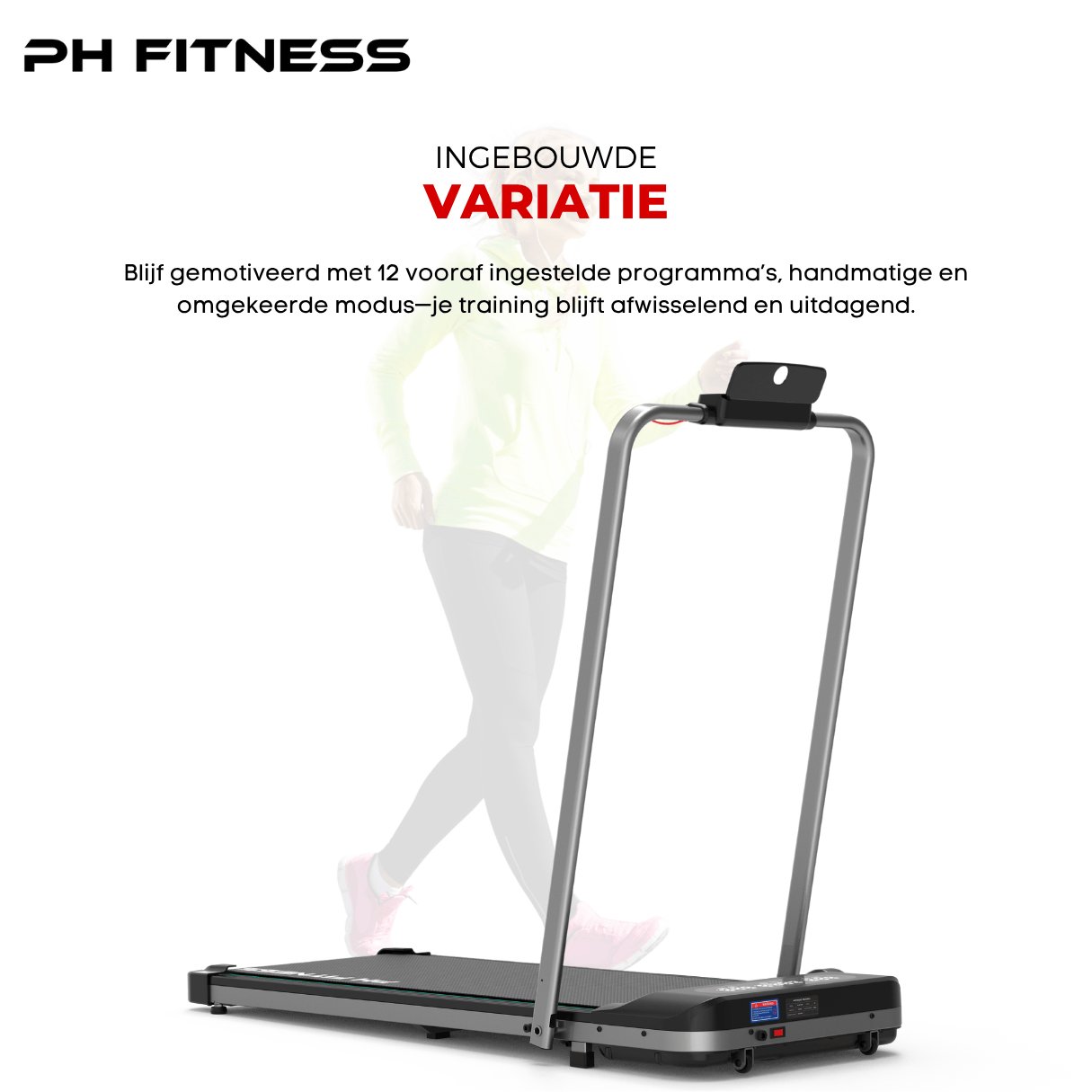 PH Fitness WP-400 treadmill with 12 built-in programs, manual mode, and reverse mode for varied home training routines