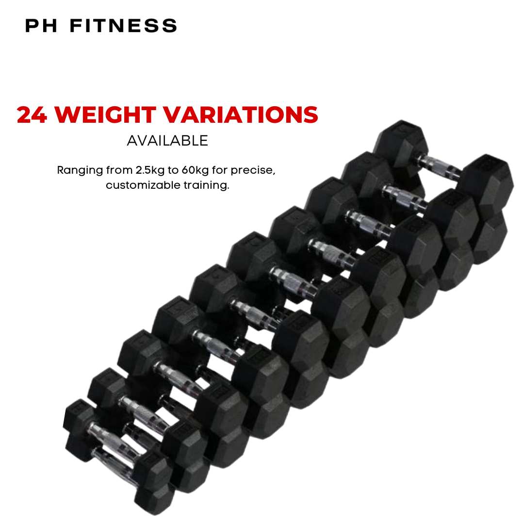 "Heavy-duty hexa dumbbells 2.5 to 60 kg range for progressive strength and endurance training"
