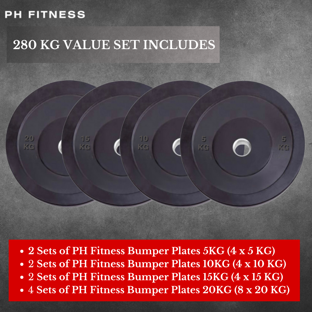 "Set of 280 kg heavy-duty rubber bumper plates in multiple weights, Voordeelset for strength and functional fitness"
