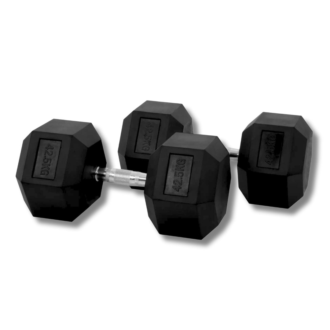 "Hexagonal 42.5kg dumbbells with anti-roll feature"
