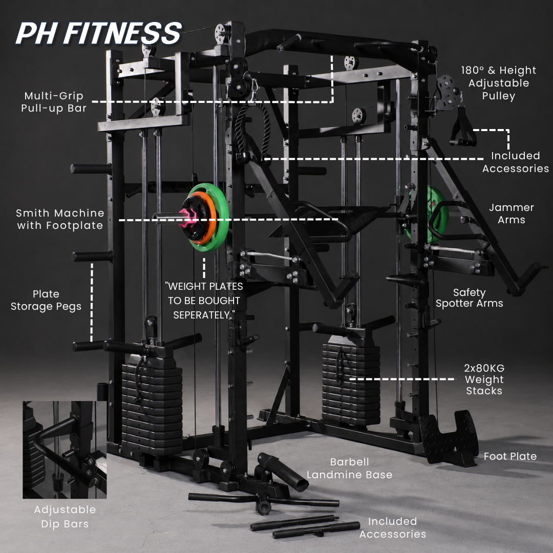 Overzicht van de PH Fitness K1S Power Rack met Smith-stang, jammer arms en voetplaat