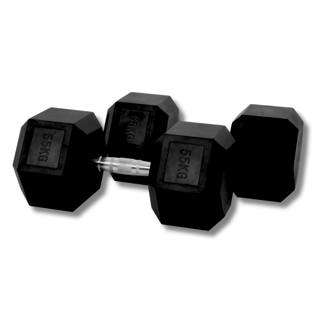 "Hexagonal 55 kg dumbbells set for weight training"
