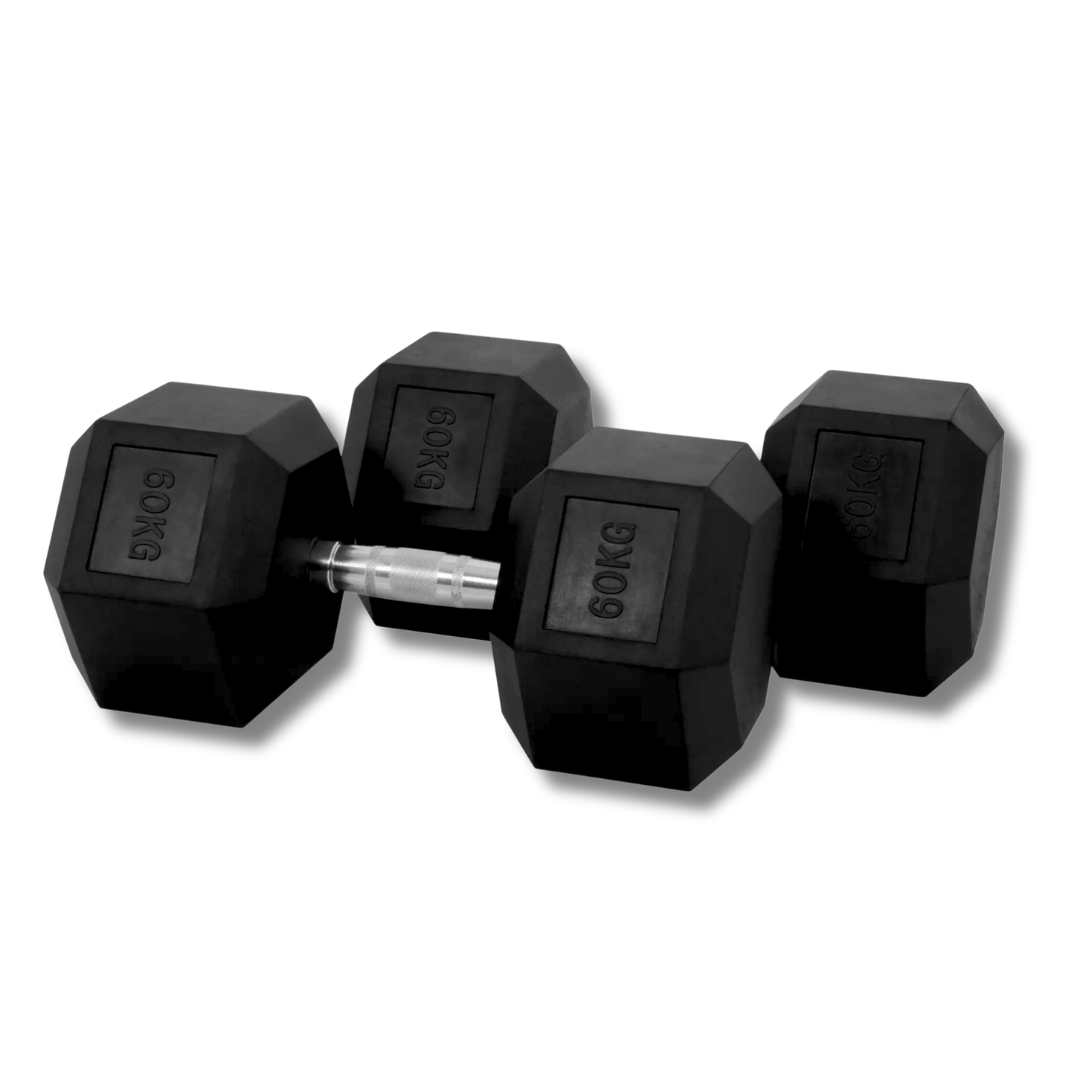 "Hex 60 kg dumbbells for versatile weight training"
