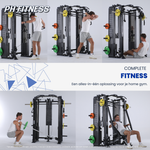 Voorbeelden van kabel-, been- en roeioefeningen op het PH Fitness Apex Pro Rack