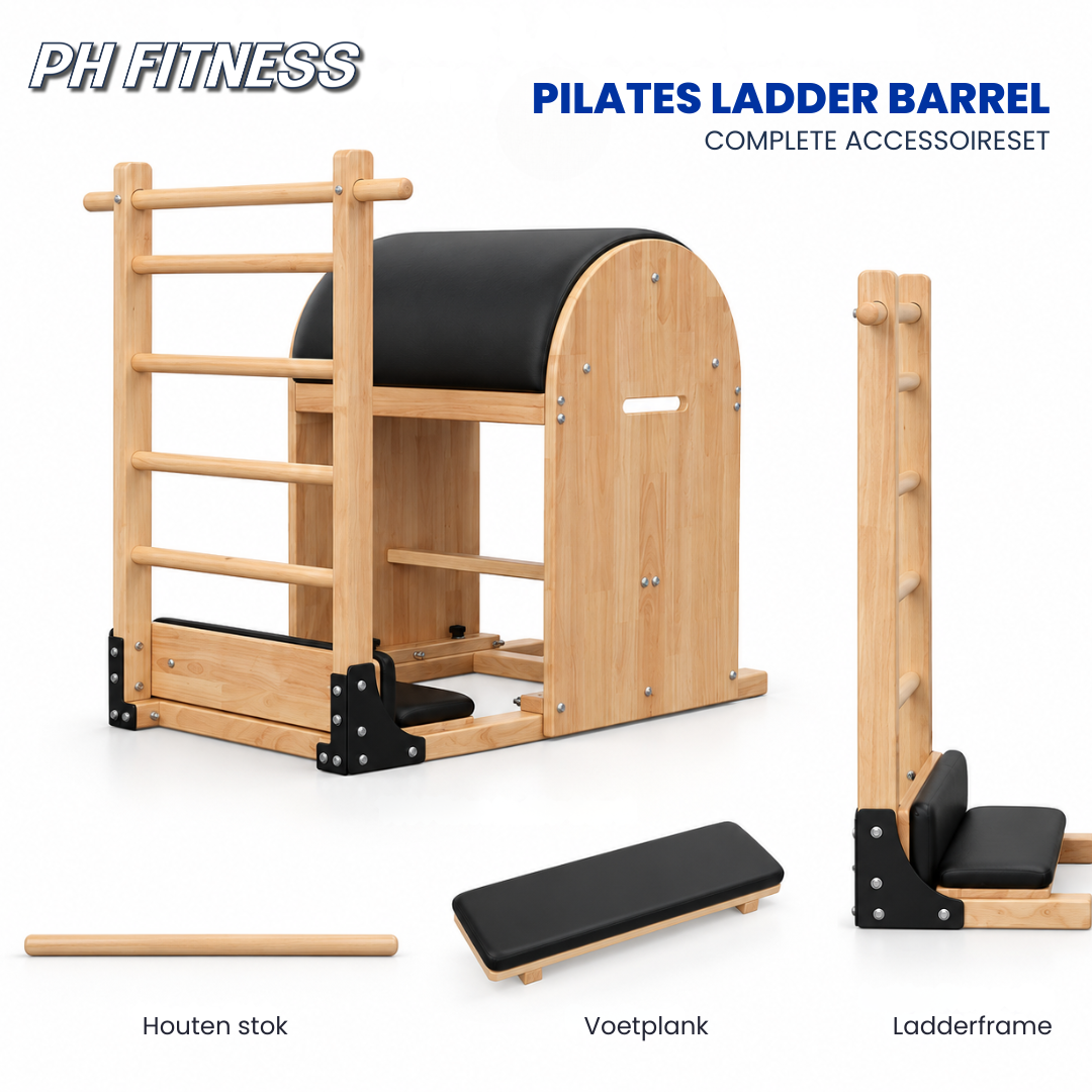 Komplettes Zubehörset der PH Fitness Pilates Ladder Barrel mit Holzstab, Fußbrett und Leiterrahmen