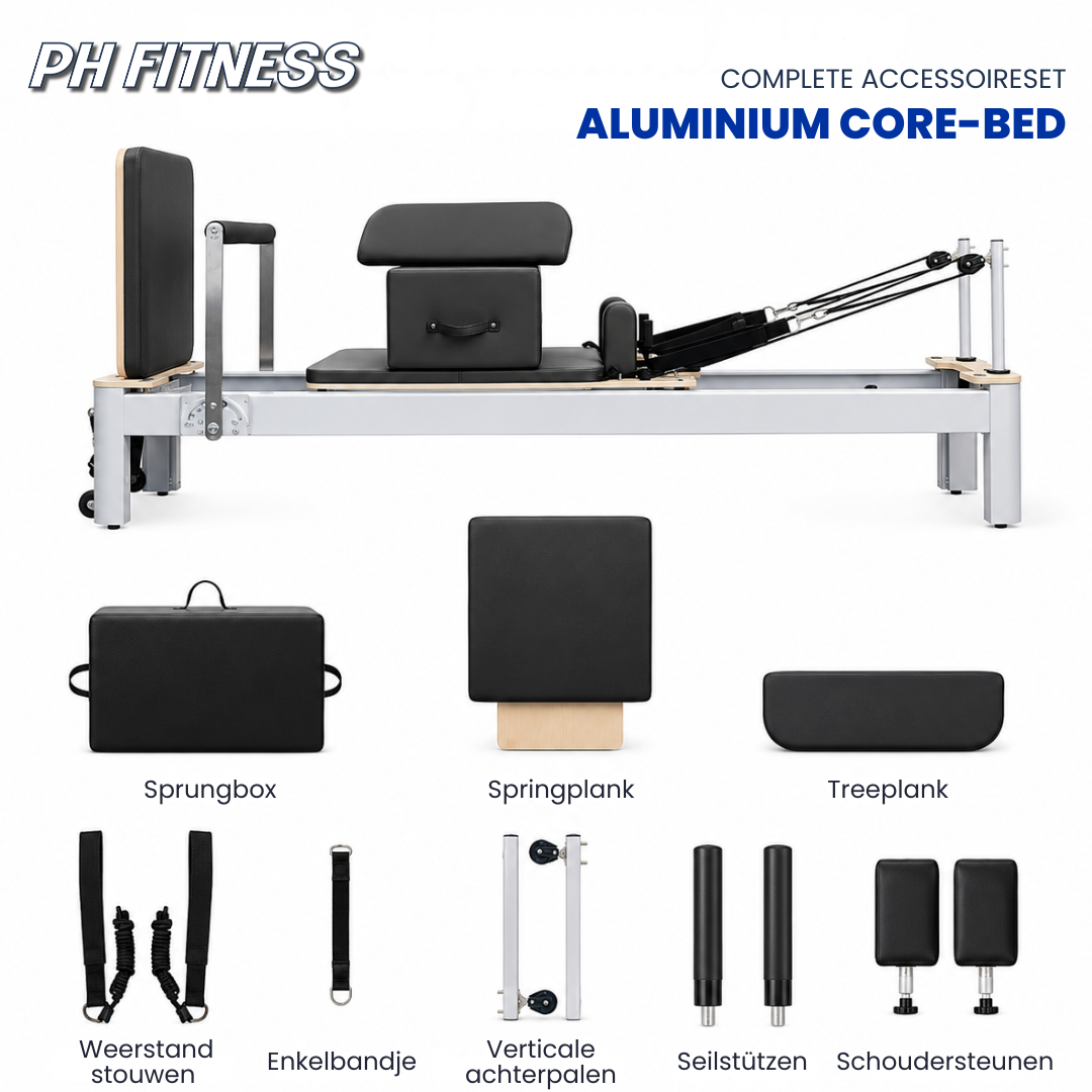 Komplettes Zubehörset des PH Fitness Pilates Reformers aus Aluminium