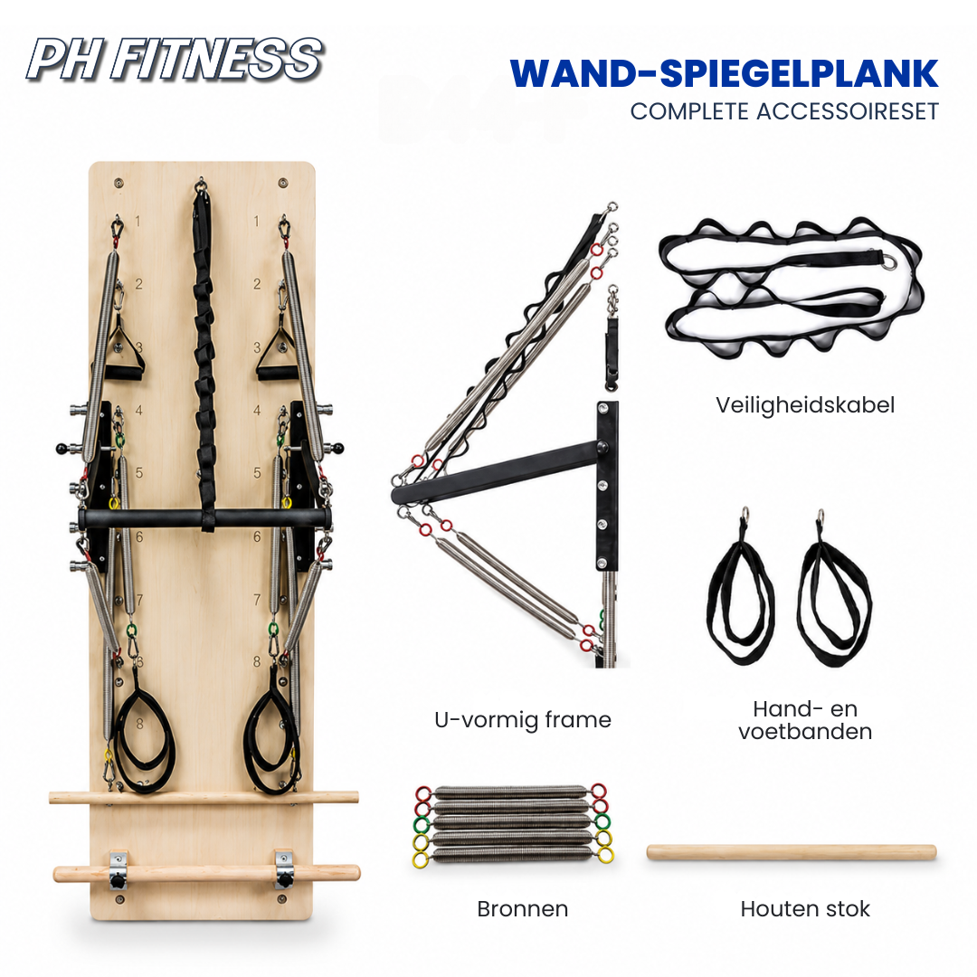Komplettes Zubehörset des Pilates-Wandtrainers mit Federn, Sicherheitsseil, Bändern und Holzstab