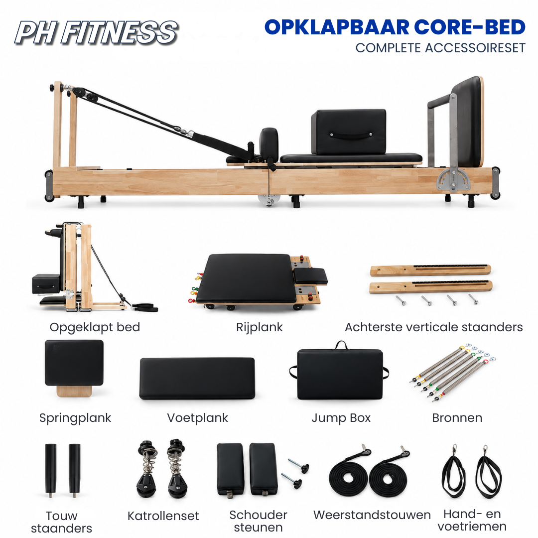 Klappbarer PH Fitness Pilates-Reformer aus Holz mit komplettem Zubehörset
