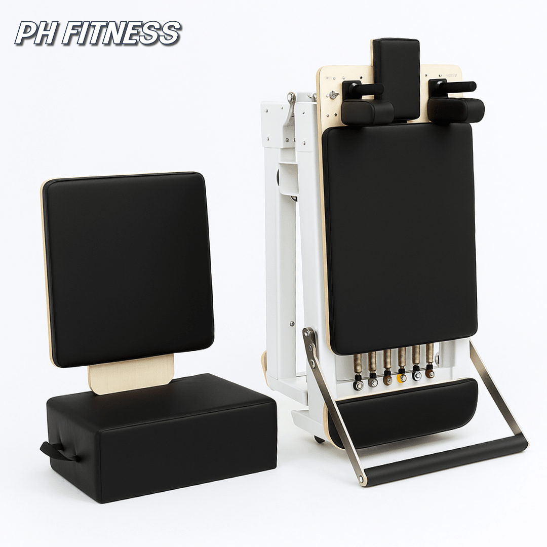 Zusammengeklappter Reformer mit Pilates-Box und Sprungbrett