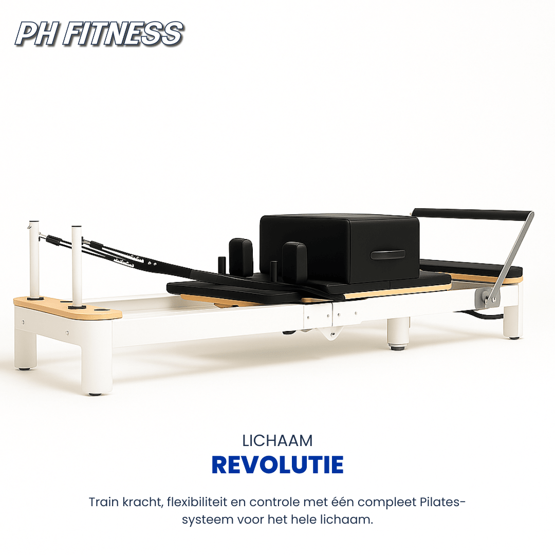 Weißer klappbarer Pilates Reformer mit Box in Seitenansicht