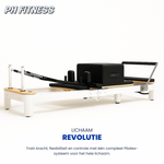 Weißer klappbarer Pilates Reformer mit Box in Seitenansicht