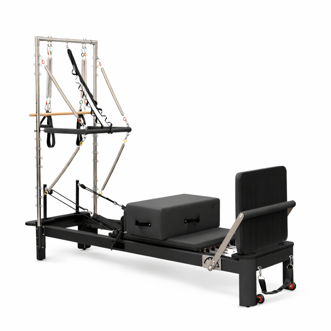 Schwarzer Aluminium-Pilates-Reformer mit Half Trapeze Tower und Box