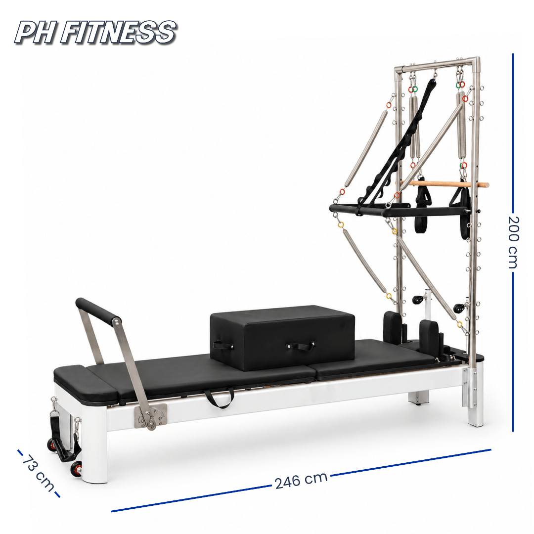 Abmessungen Aluminium-Pilates-Reformer mit Half Tower: 246 × 73 × 200 cm