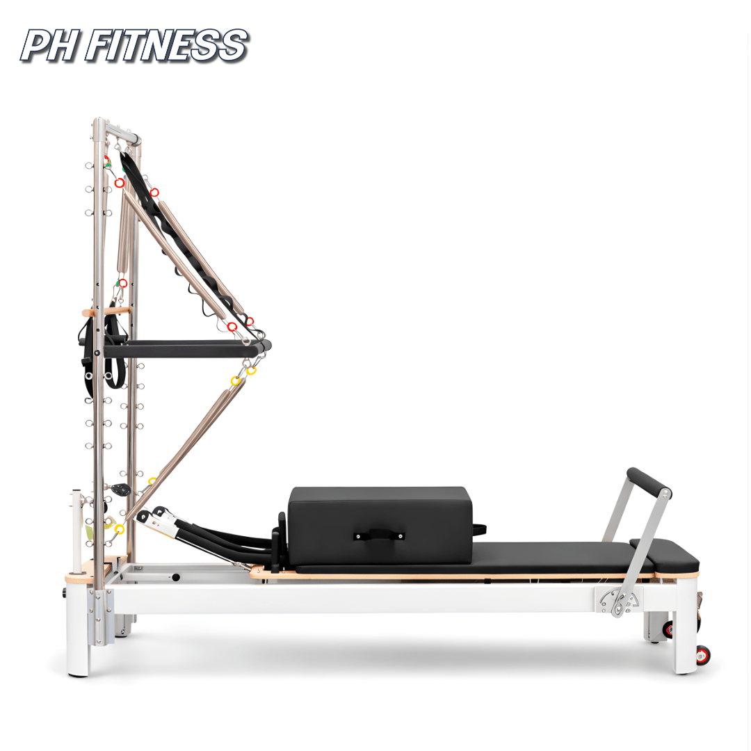 Seitenansicht des Aluminium-Pilates-Reformers mit Half Trapeze Tower