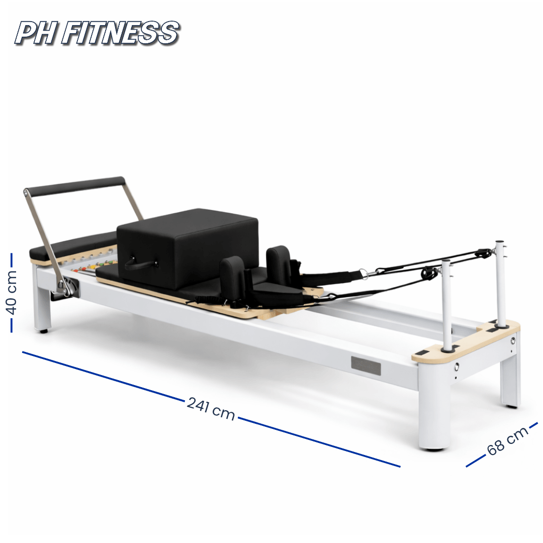 Maße des PH Fitness Pilates Reformers aus Aluminium: 241 × 68 × 40 cm