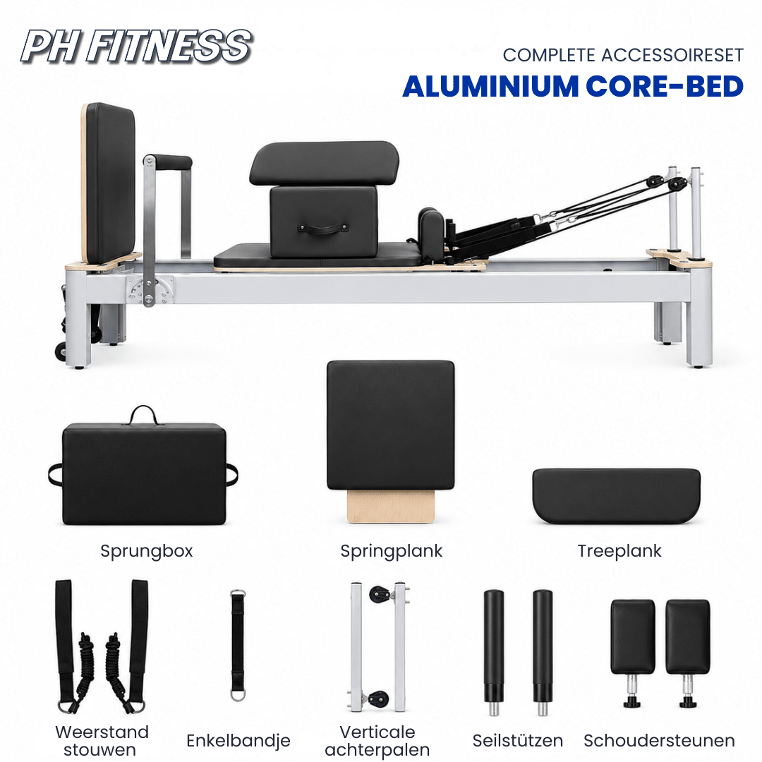 Komplettes Zubehörset des PH Fitness Pilates Reformers aus Aluminium