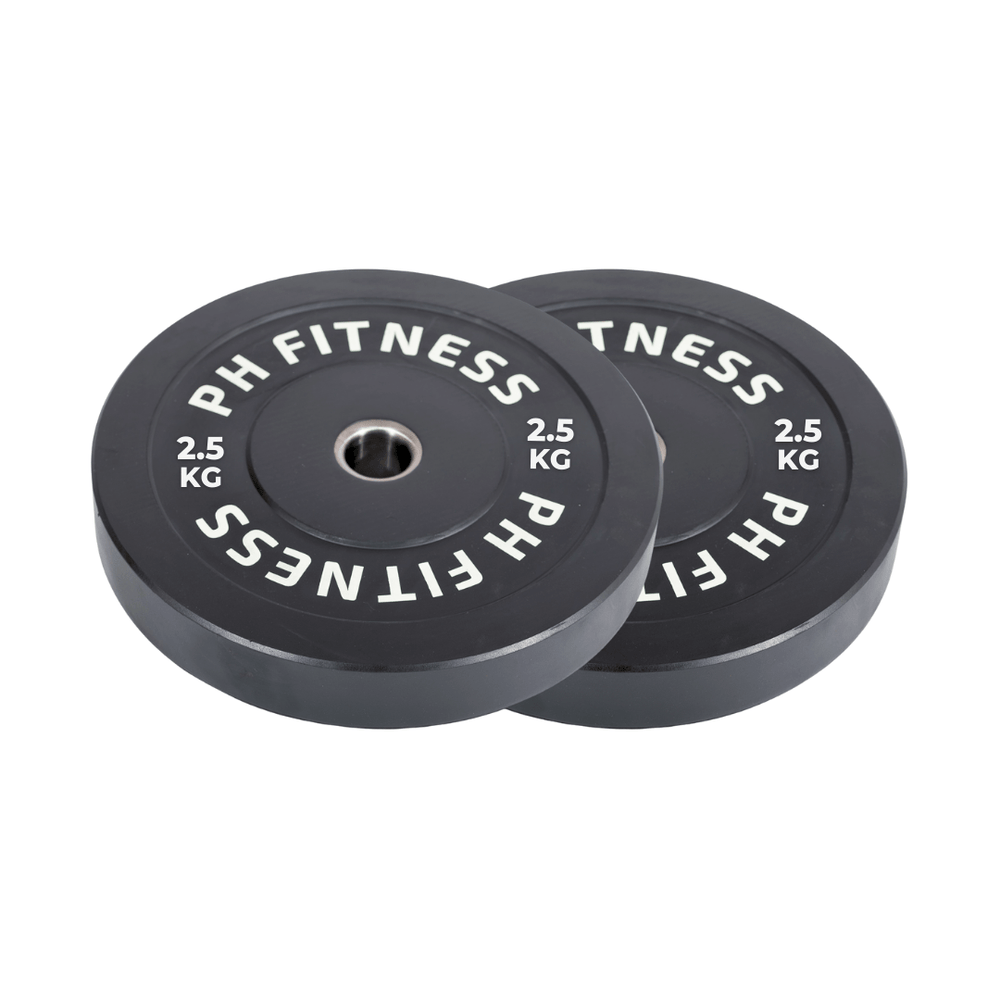 Twee PH Fitness olympische bumper plates van 2,5 kg op witte achtergrond