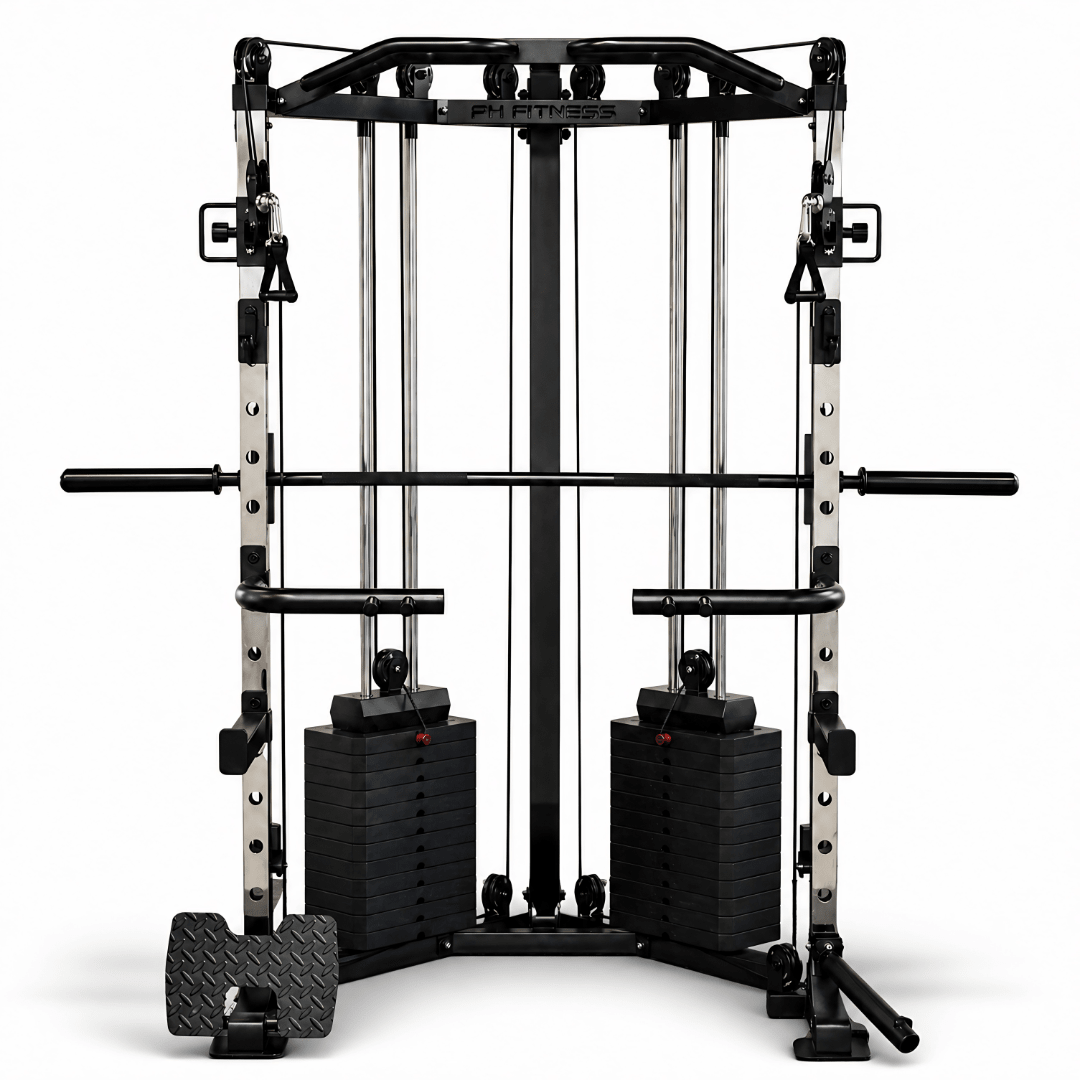 PH Fitness Eck-Smith-Maschine mit dualem Kabelsystem und 2 × 80 kg Gewichtsblöcken – Vorderansicht