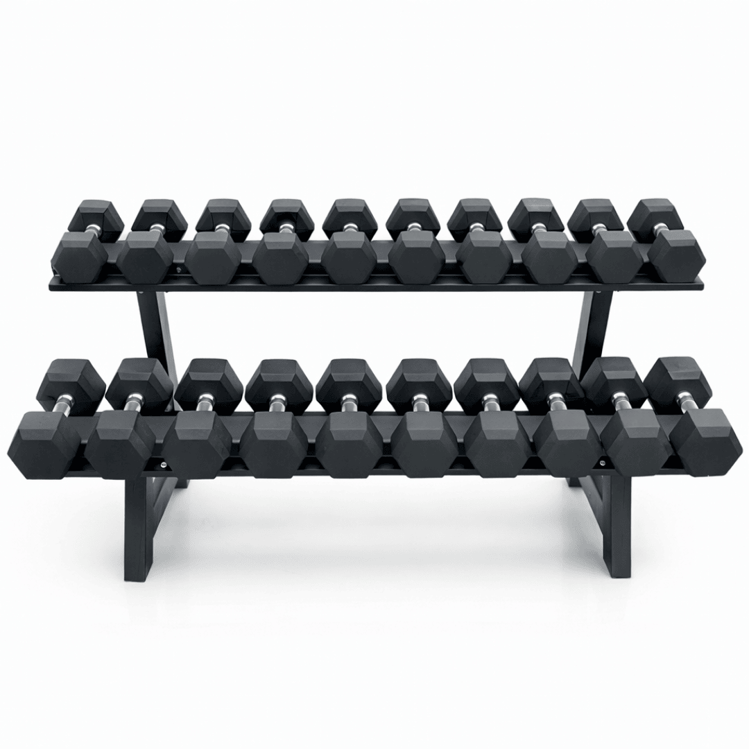 Gym equipment bundle featuring a 10-pair dumbbell rack with a full set of rubber hex weights.