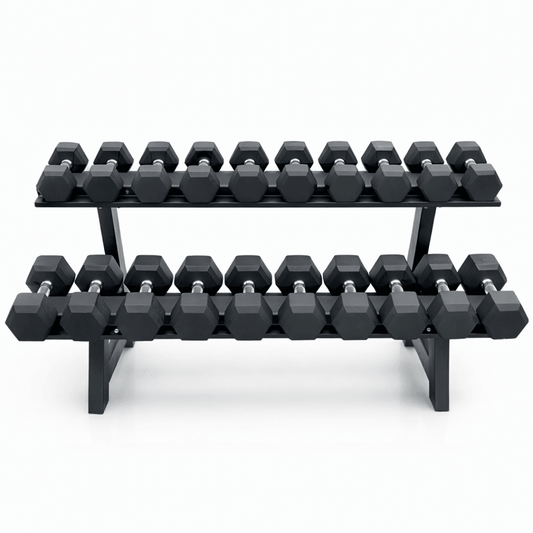 Gym equipment bundle featuring a 10-pair dumbbell rack with a full set of rubber hex weights.