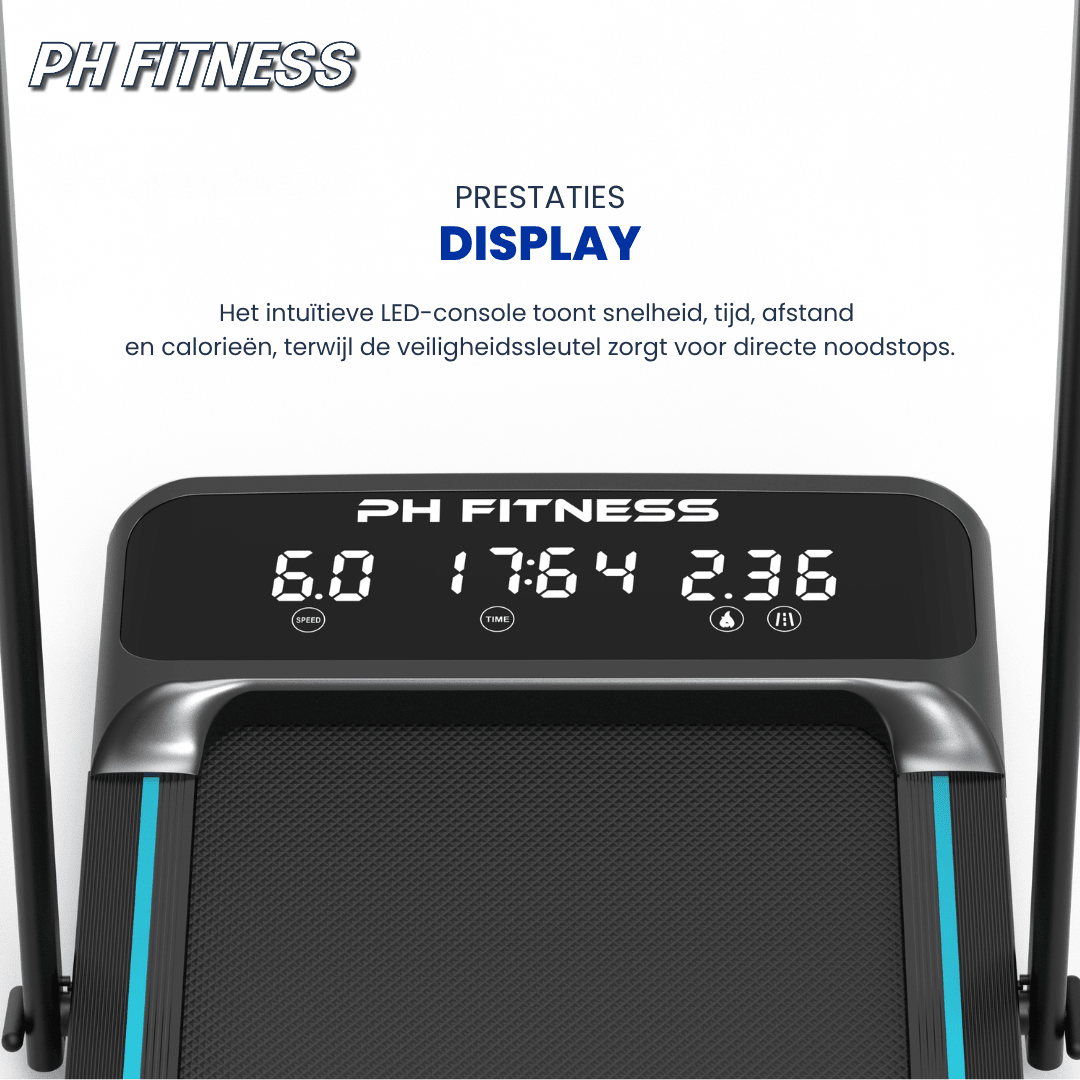 LED-Anzeige des PH Fitness LB-600 mit Geschwindigkeit, Zeit, Distanz und Kalorien