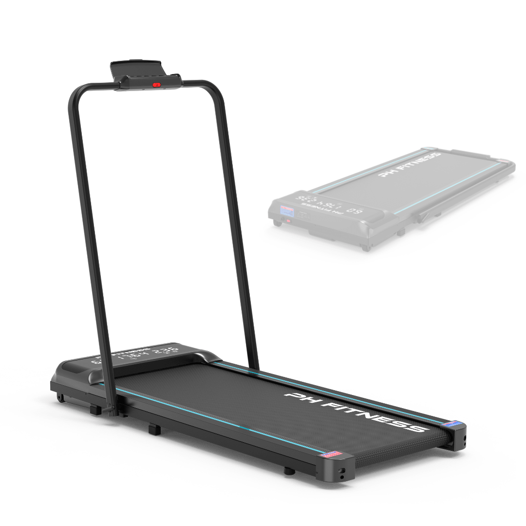 PH Fitness LB-600 klappbares Laufband mit einklappbarer Armstütze – aufgestellt und zusammengeklappt