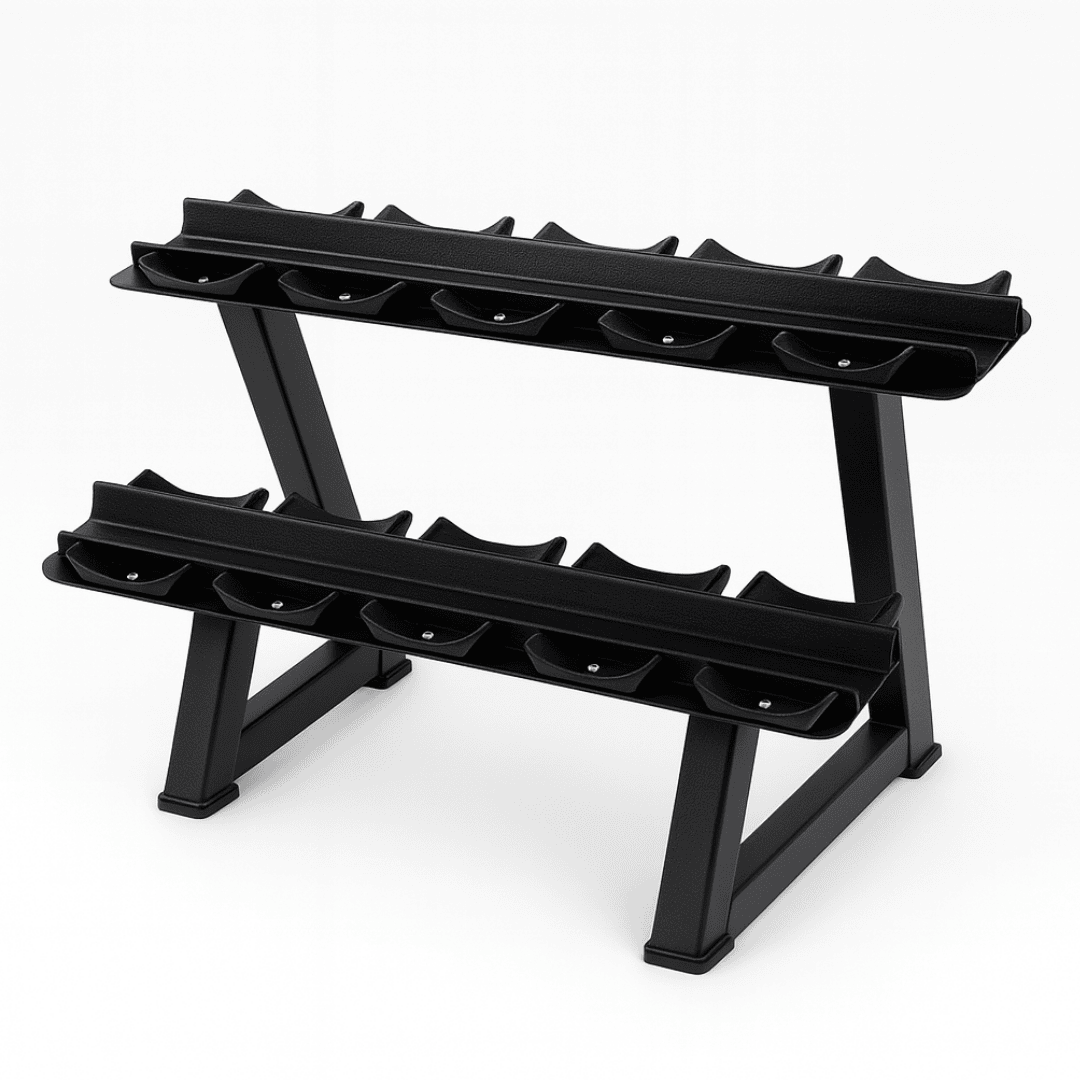 Compact 2-tier dumbbell storage rack featuring 5 pairs of protective saddles, ideal for small home gyms.