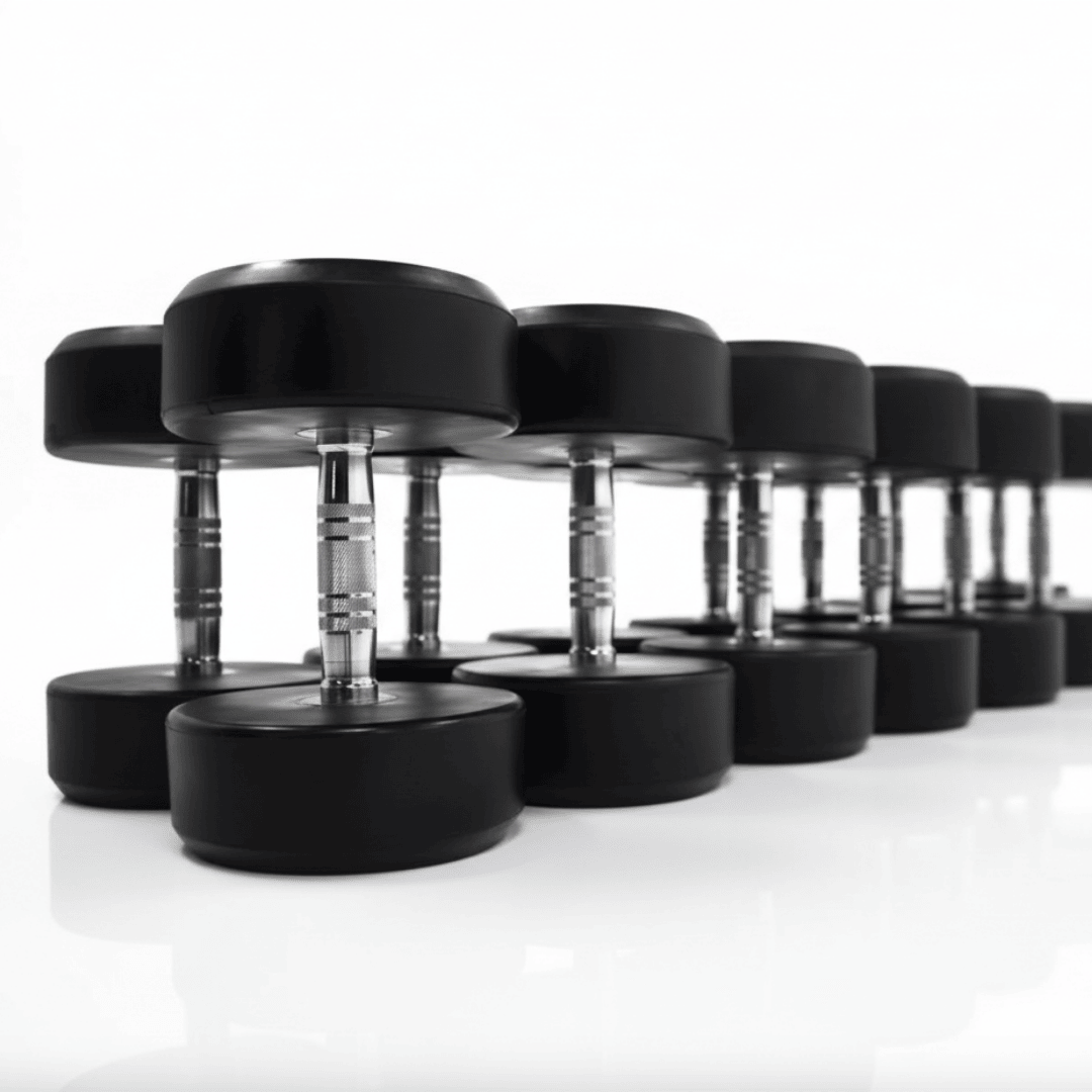 Set of 10 pairs of rubber-coated hex dumbbells featuring ergonomic knurled chrome handles.