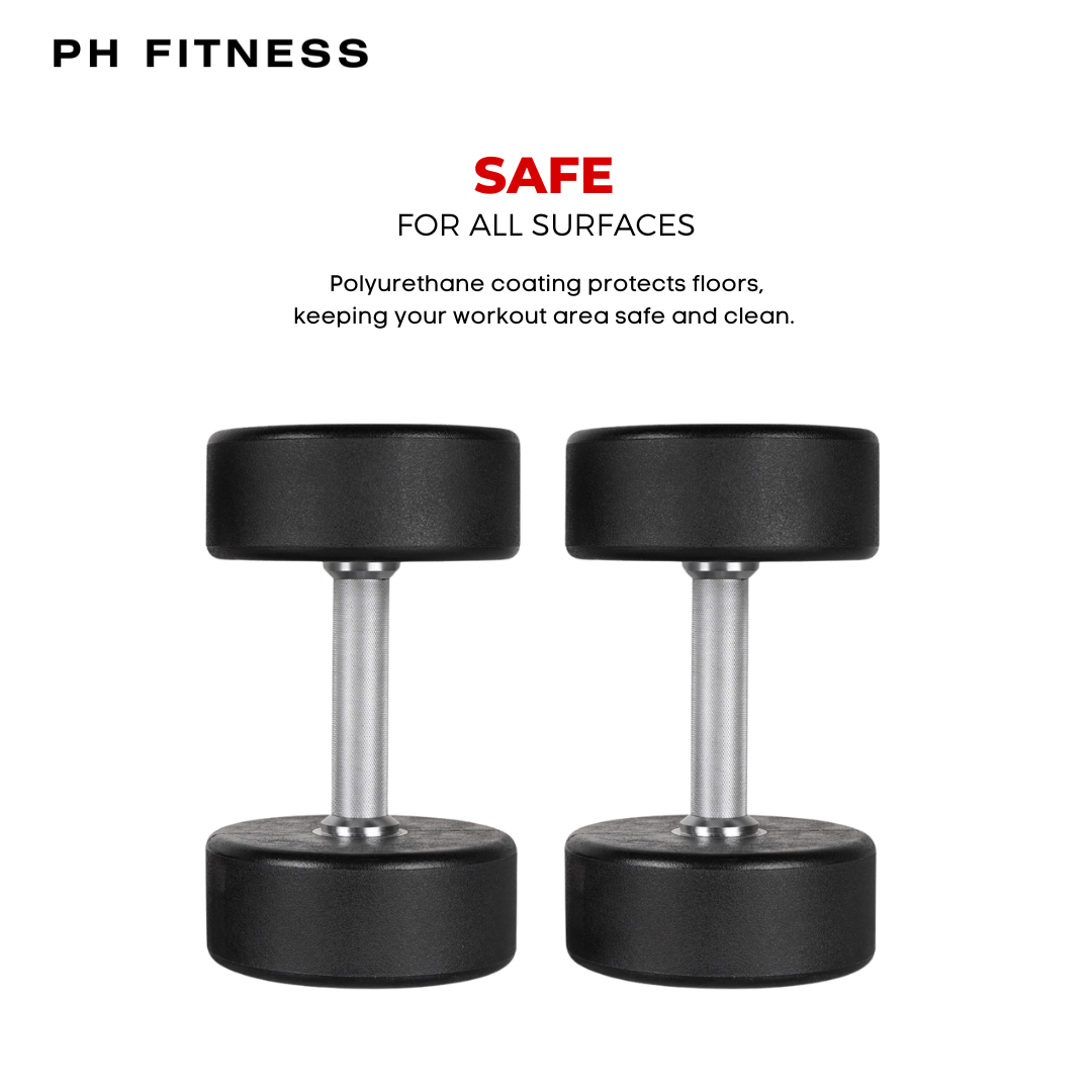 Paar ronde PH Fitness dumbbells met zwarte polyurethaancoating voor bescherming van de vloer