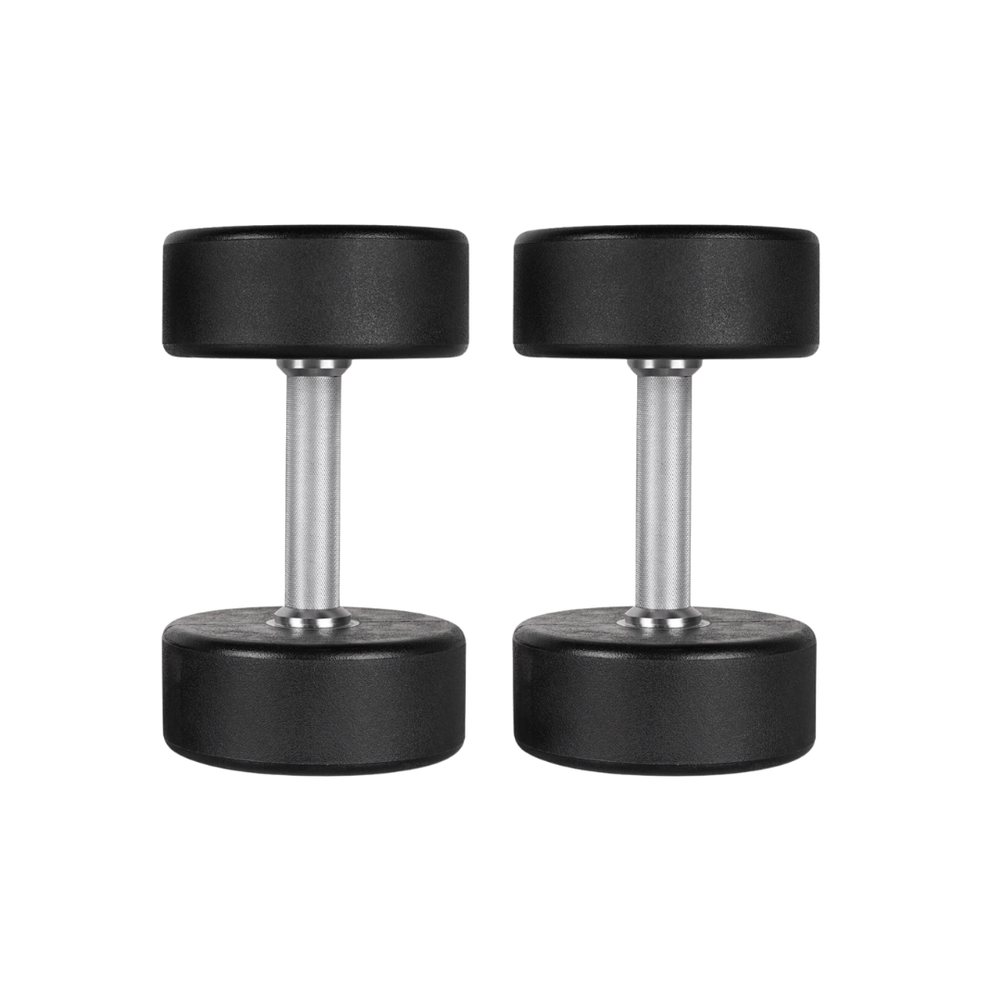 Paar ronde zwarte PH Fitness polyurethaan dumbbells met gekartelde chromen handgrepen