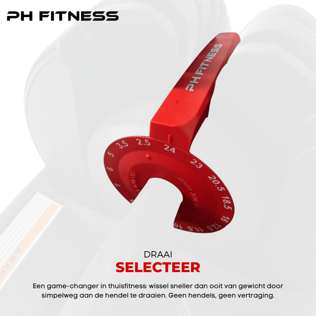 Gewichtsselectieknop van de rode PH Fitness Premium 24 kg dumbbell