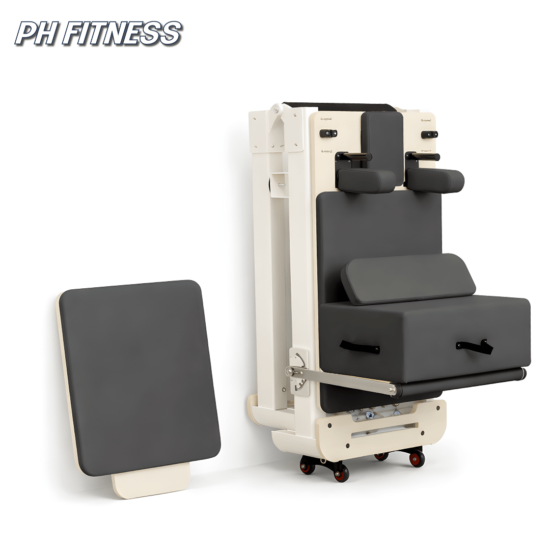 PRO Pilates Reformer vertikal verstaut mit Pilates-Box