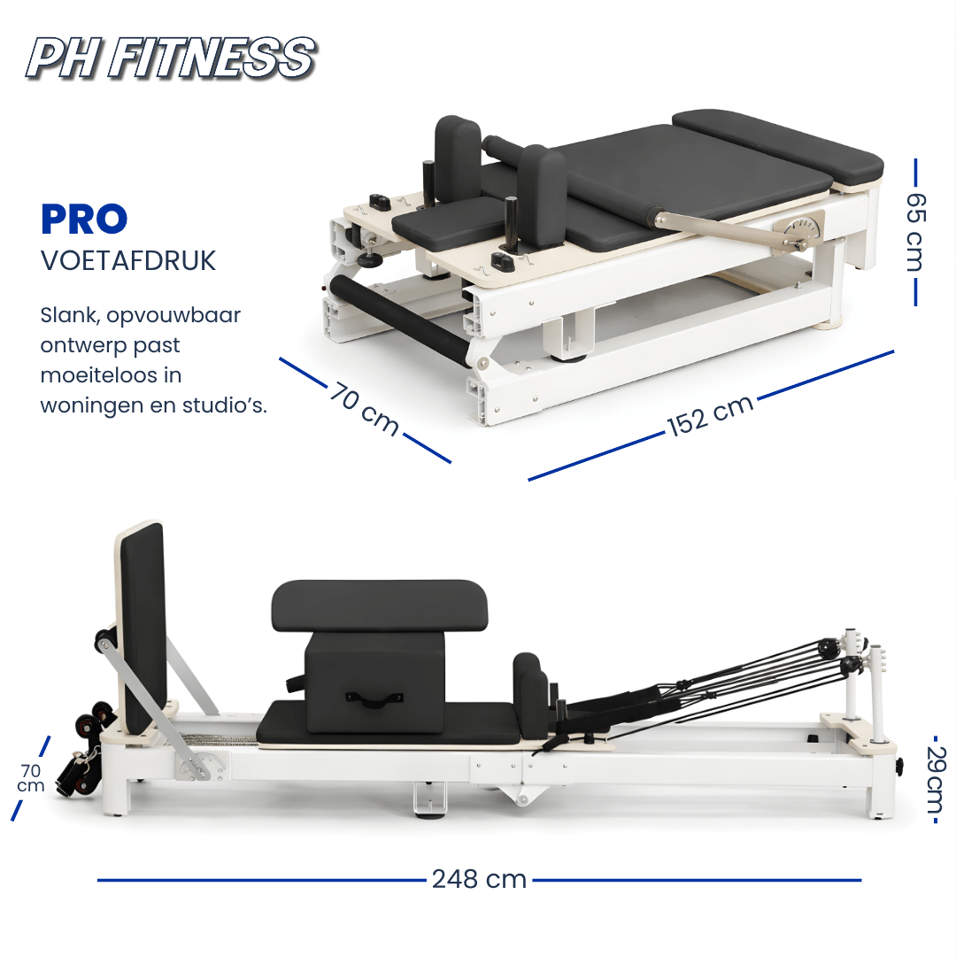 Maße des klappbaren PRO Pilates Reformers: 248 × 70 × 29 cm