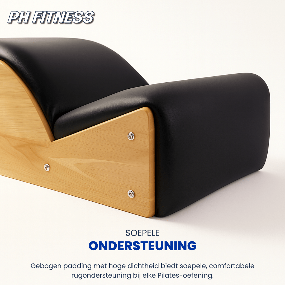 Detail der schwarzen Polsterung und des Holzrahmens des Spine Corrector