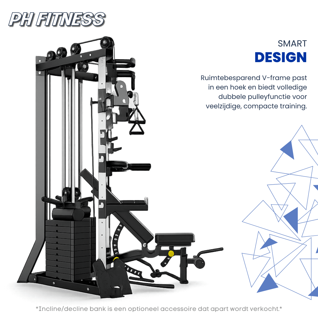 Seitenansicht des platzsparenden PH Fitness V-Frame Cable Crossovers mit optionaler Trainingsbank