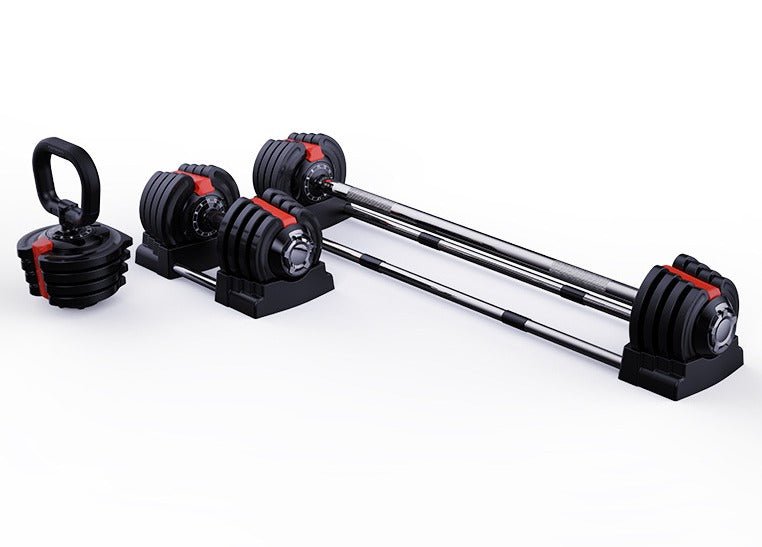 Verstelbare halterset met kettlebell, twee dumbbells en lange halter op witte achtergrond