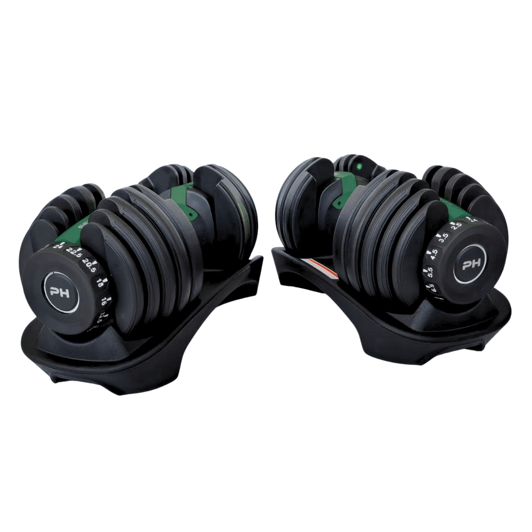 Groene PH Fitness Smart Series verstelbare dumbbells in hun opbergbases