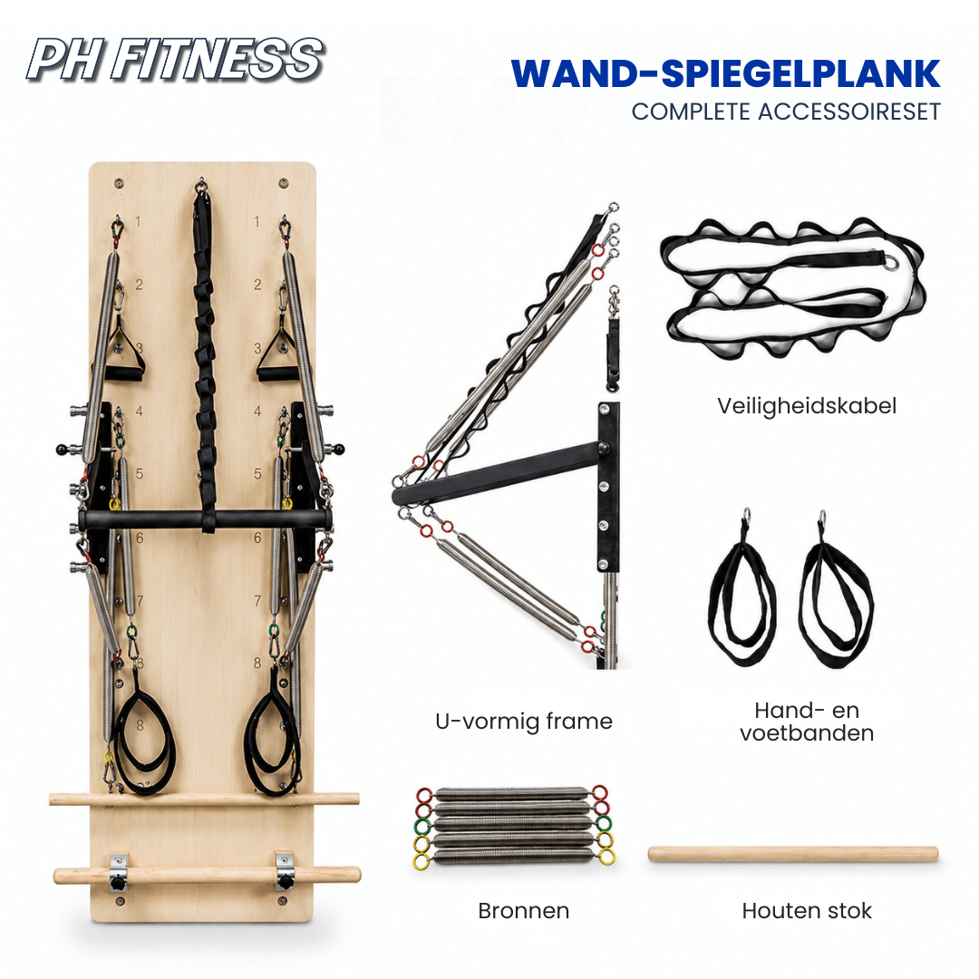 Komplettes Zubehörset des Pilates-Wandtrainers mit Federn, Sicherheitsseil, Bändern und Holzstab