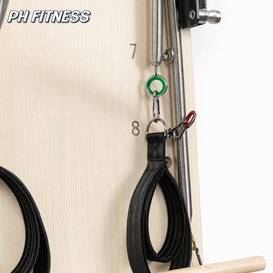 Detail der Fußschlaufen, Federn und nummerierten Befestigungspunkte des Wandtrainers