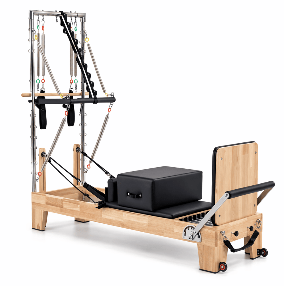 Pilates-Reformer aus Holz mit Half Trapeze Tower aus Edelstahl und Box