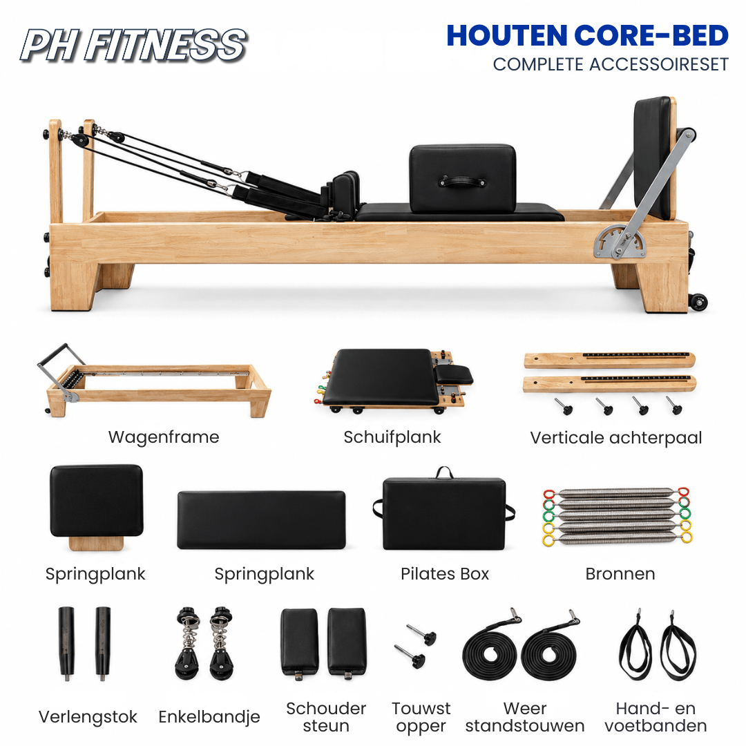 Komplettes Zubehörset des Pilates-Reformers aus Holz