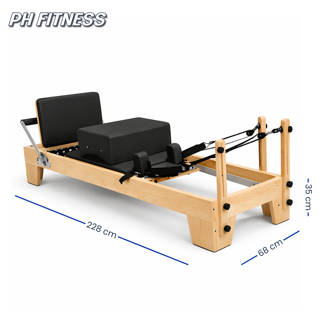 Abmessungen Pilates-Reformer aus Holz: 228 × 68 × 35 cm