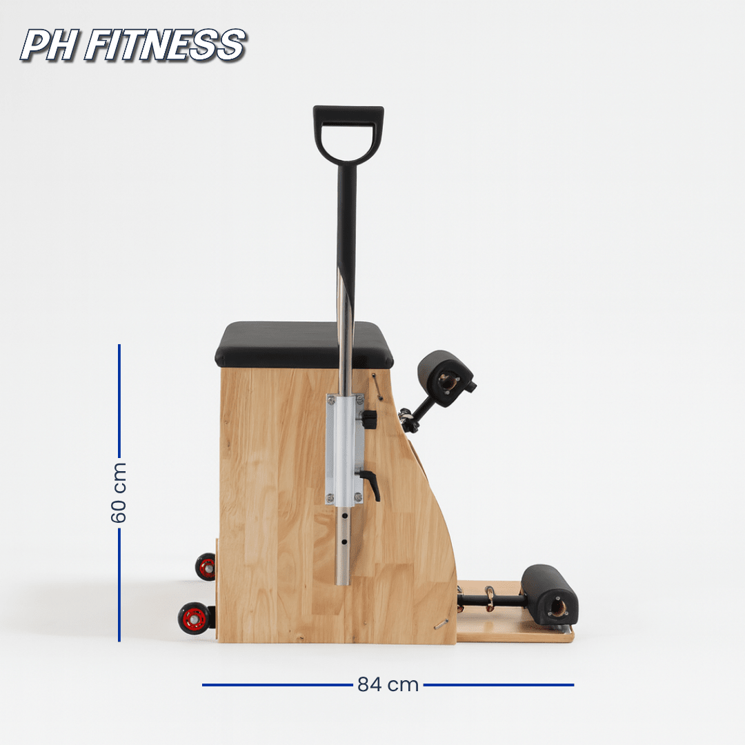 Seitenansicht des PH Fitness Wunda Chair mit Abmessungen 84 × 60 cm