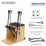 Komplettes Zubehörset des PH Fitness Wunda Chair mit verstellbaren Griffen, Holzstab und Widerstandsbändern